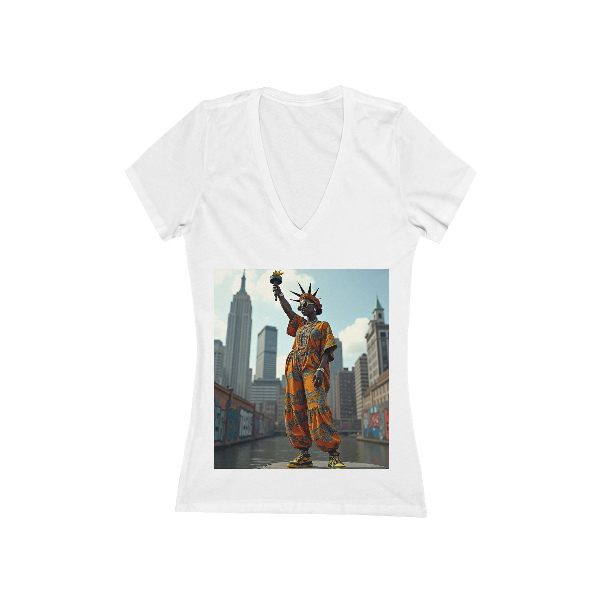 Statue of Liberty Graphic Deep V-Neck Tee, Unisex Funny T-Shirt, NYC Gift, Summer Outfit, Travel Shirt, 4th of July Apparel