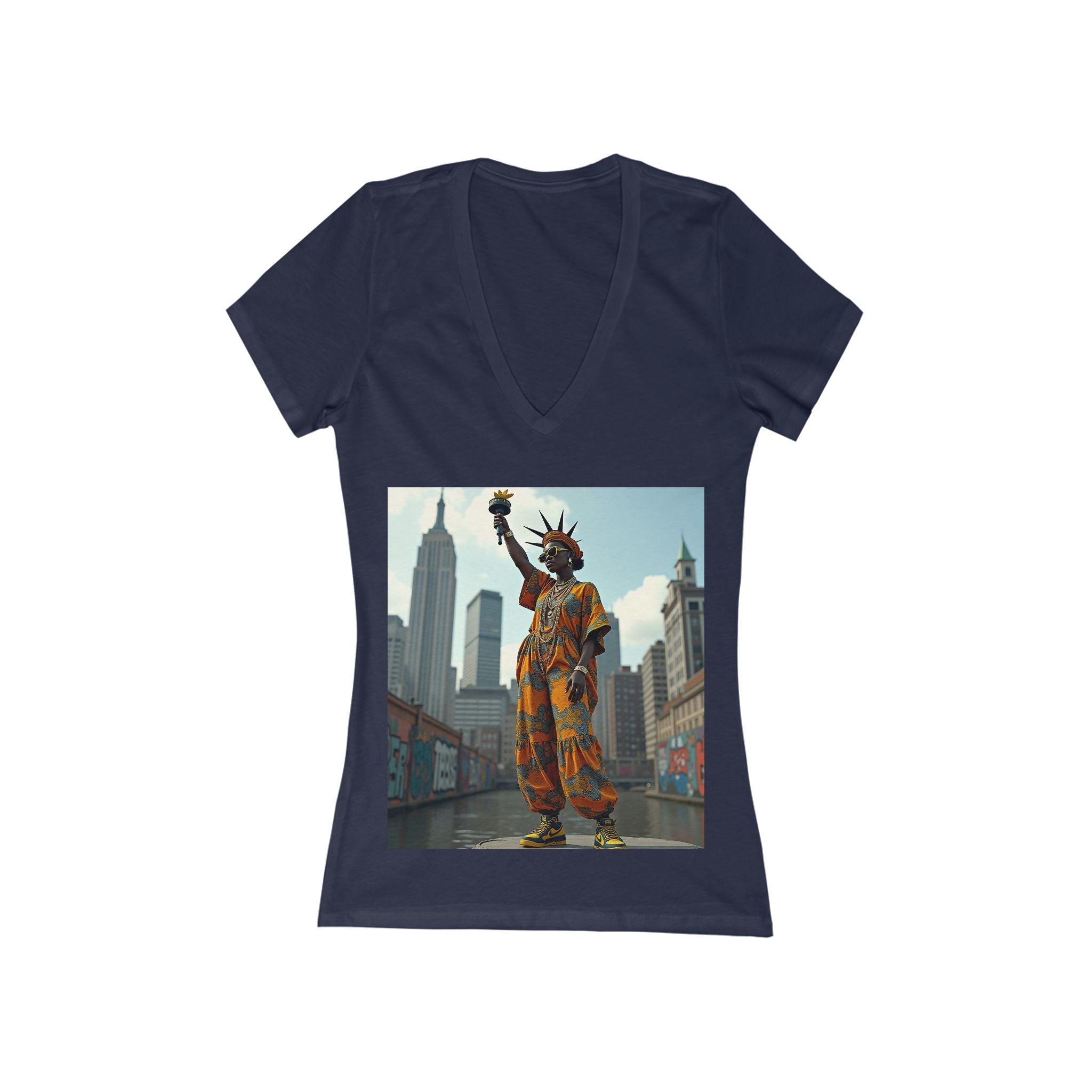 Statue of Liberty Graphic Deep V-Neck Tee, Unisex Funny T-Shirt, NYC Gift, Summer Outfit, Travel Shirt, 4th of July Apparel